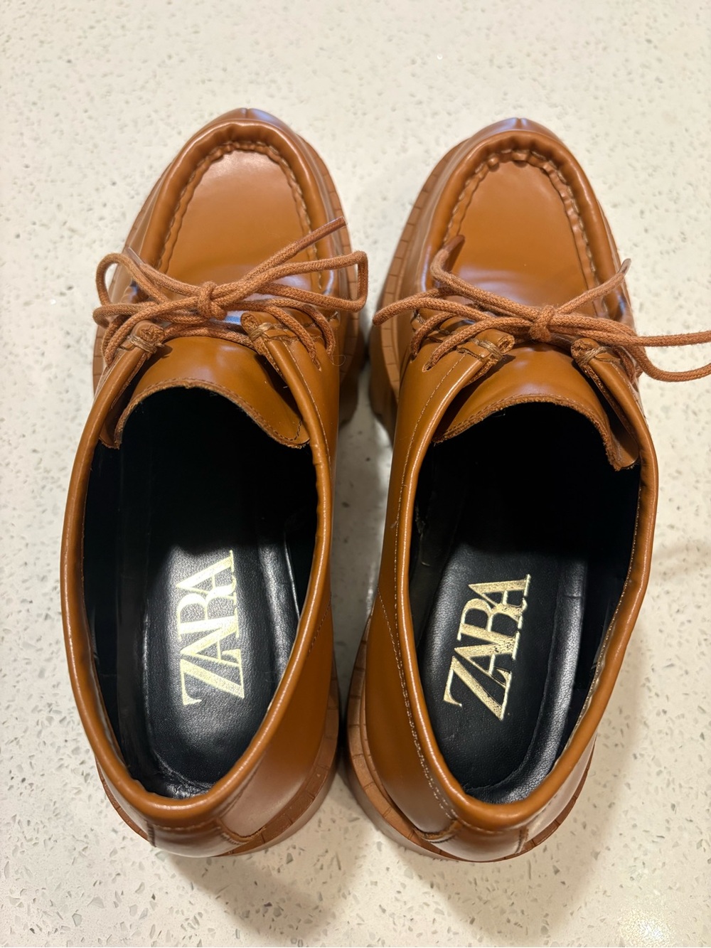 Zara Tan Leather Lace-Up Women’s Loafers - Picture 3 of 4